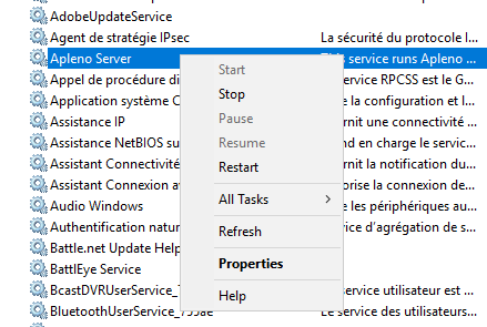 Service context menu with stop option